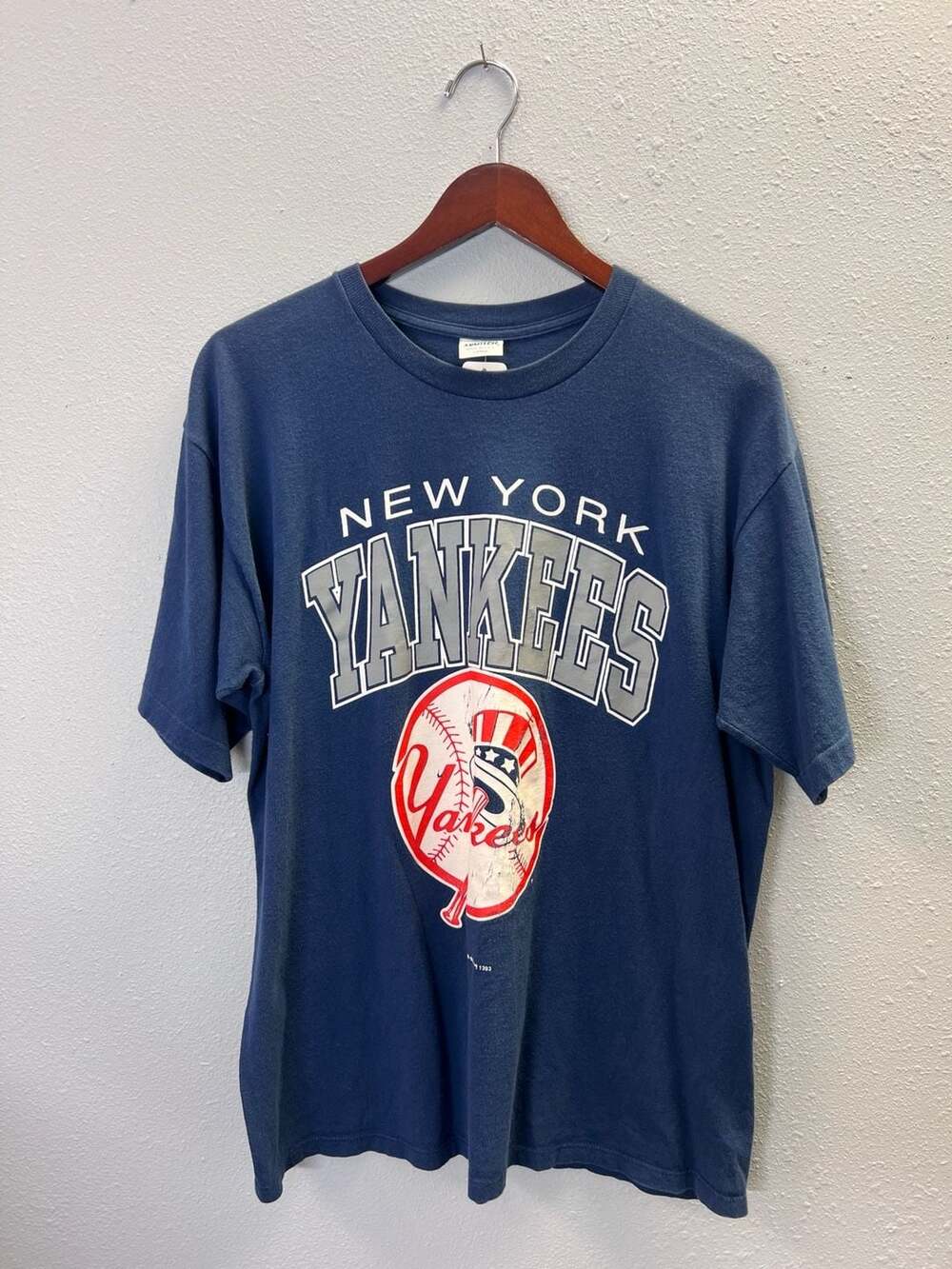 Vintage 1993 Starter New York Yankees T-Shirt Single Stitch Navy Blue Large 0560